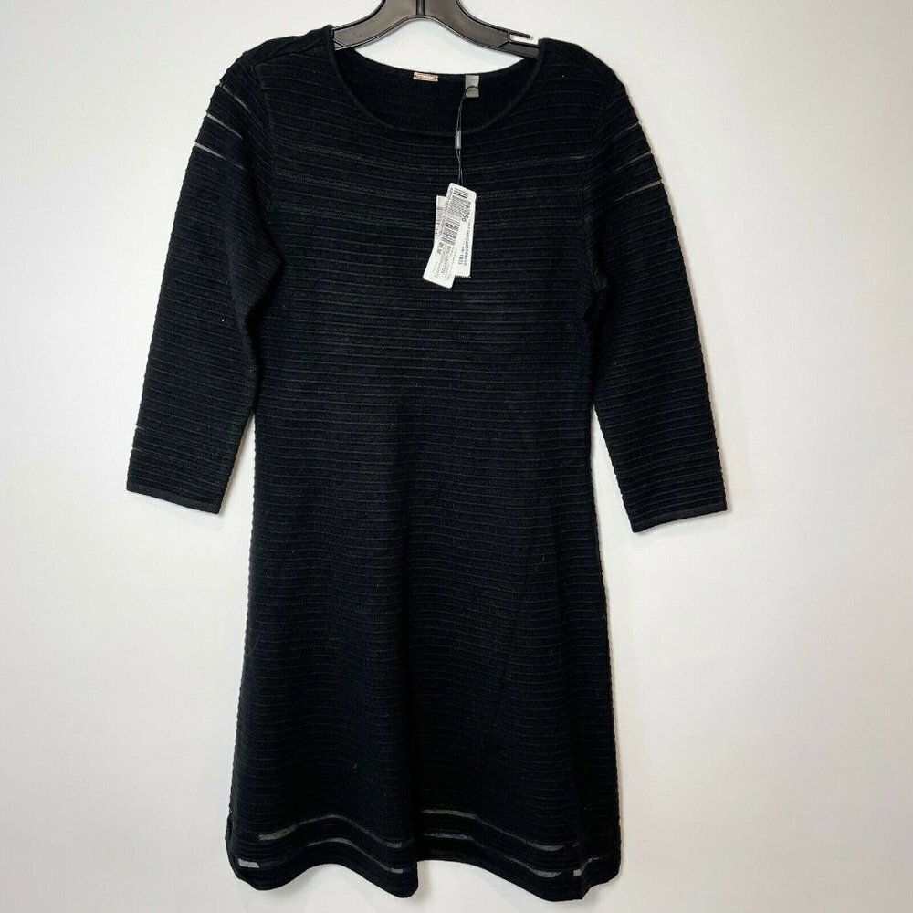 Tahari Womens Fit & Flare Sweater Dress Black S Sheer 3/4 Sleeve Crew Neck NWT